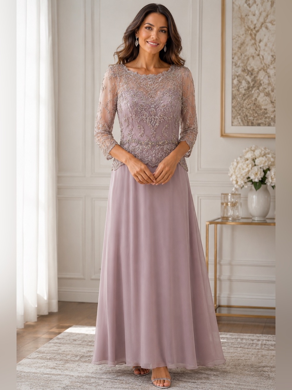 Embellished Lace Illusion Sleeve Evening Gown - Blush Mauve